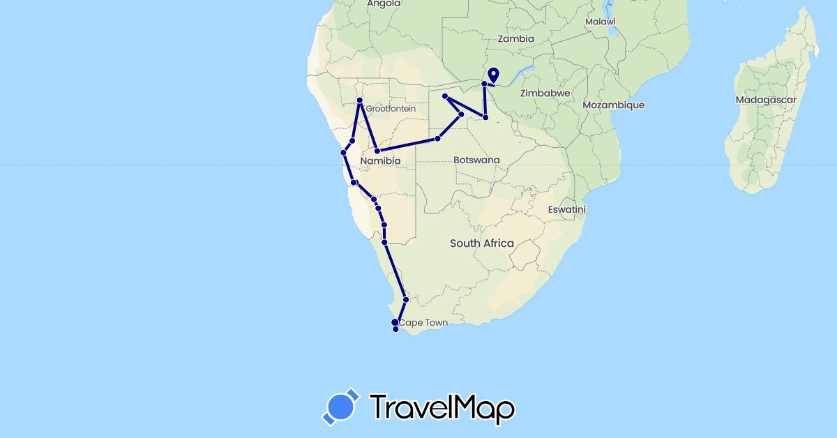TravelMap itinerary: driving in Botswana, Namibia, South Africa, Zambia (Africa)